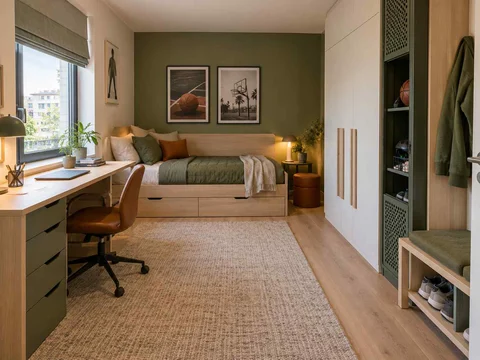AI concept of a compact bedroom combining a bed, desk and storage, with green accents and sports-themed wall displays