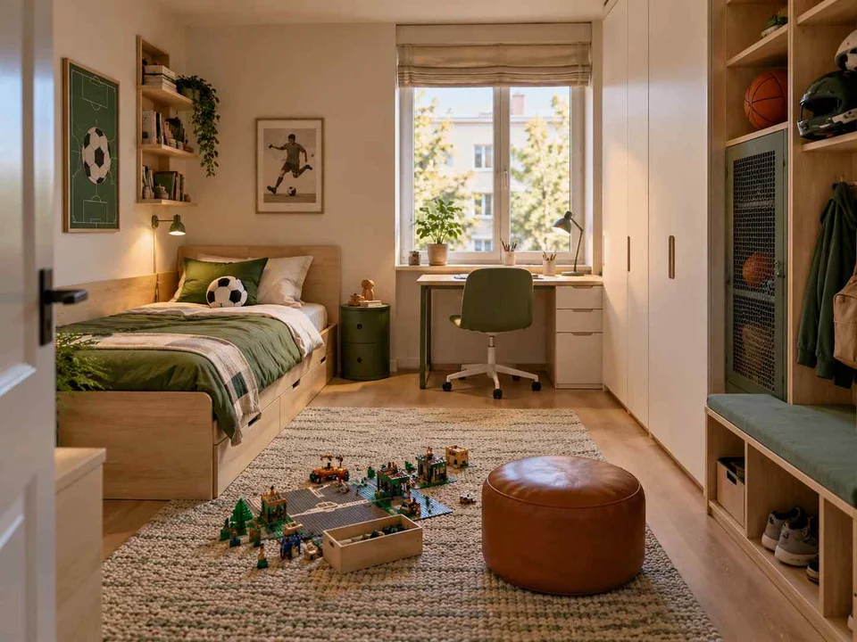 AI concept of a daylit bedroom with space for floor play, with green accents and sports-themed wall displays
