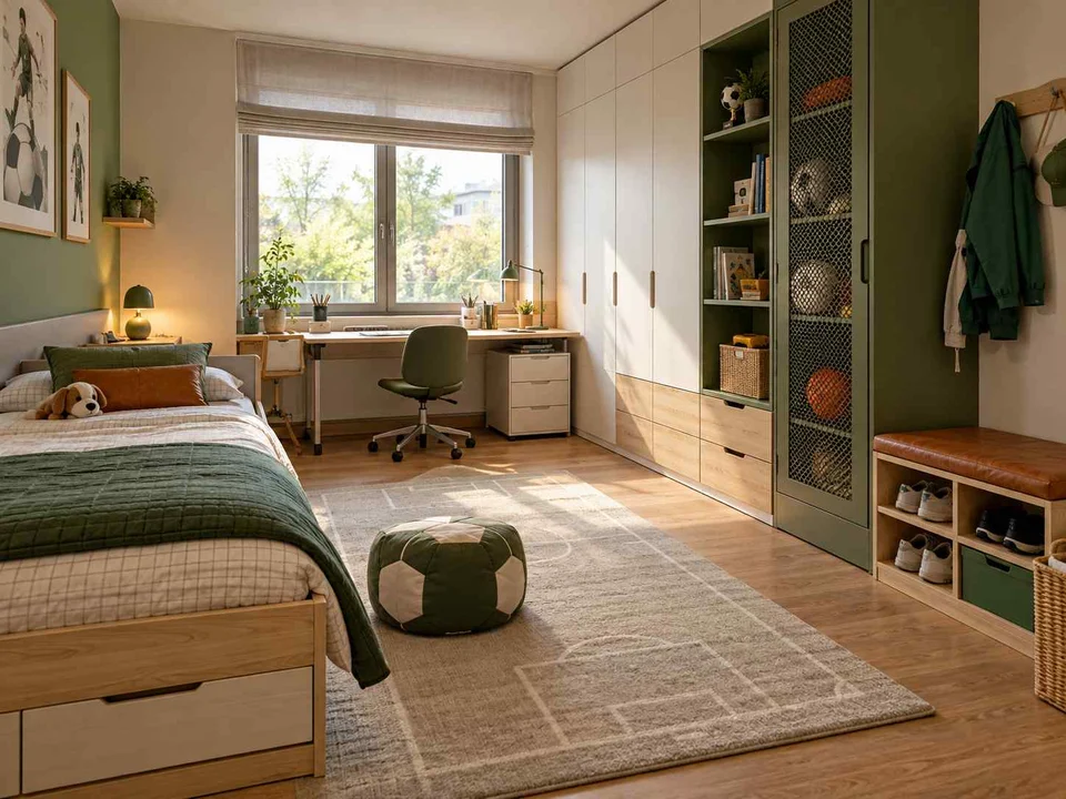 AI concept of a bedroom with a bed, study desk and open central floor space, with green accents and sports-themed wall displays