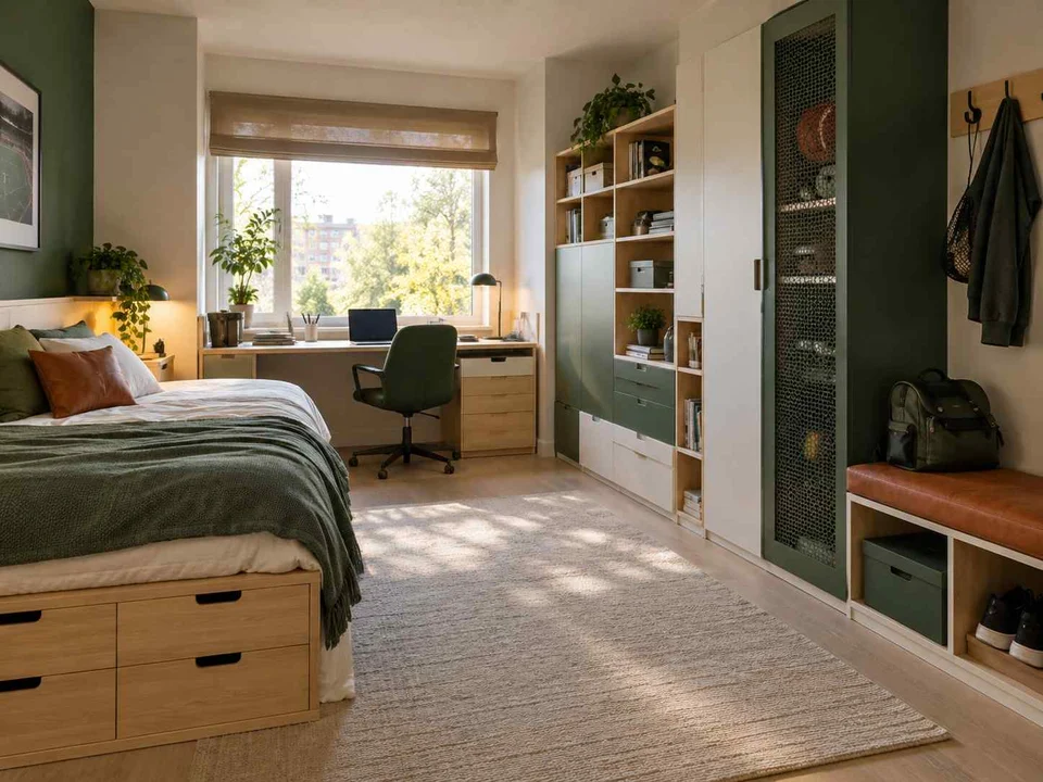 AI concept of a bedroom combining low storage with taller cabinetry or shelving, with green accents and sports-themed wall displays