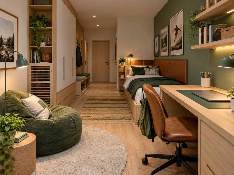 AI concept of a long bedroom with sleeping and study areas arranged along its length, with green accents and sports-themed wall displays