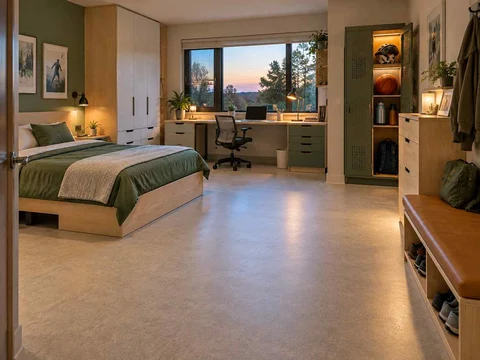 AI concept of a bedroom with an open central floor area and furniture arranged around its edges, with green accents and sports-themed wall displays