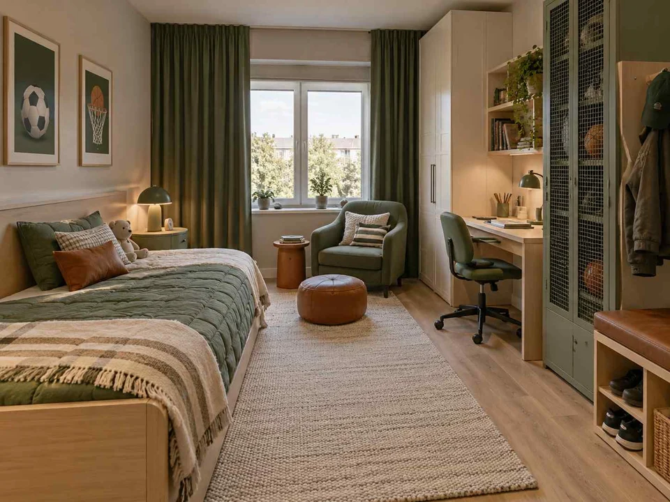 AI concept of a bedroom arranged around sleep, storage and a small sitting area, with green accents and sports-themed wall displays