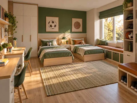 AI concept of a shared bedroom with twin sleeping areas and daylight from the window side, with green accents and sports-themed wall displays