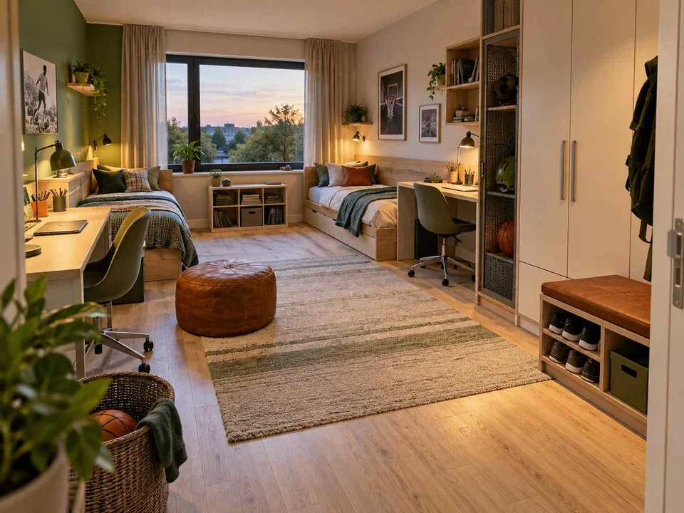 AI concept of a shared bedroom with two sleeping areas and desk space, with green accents and sports-themed wall displays