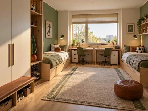 AI concept of two beds arranged around a shared central floor area, with green accents and sports-themed wall displays