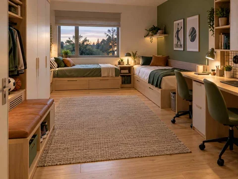 AI concept of a shared bedroom with two sleeping areas and study furniture, with green accents and sports-themed wall displays