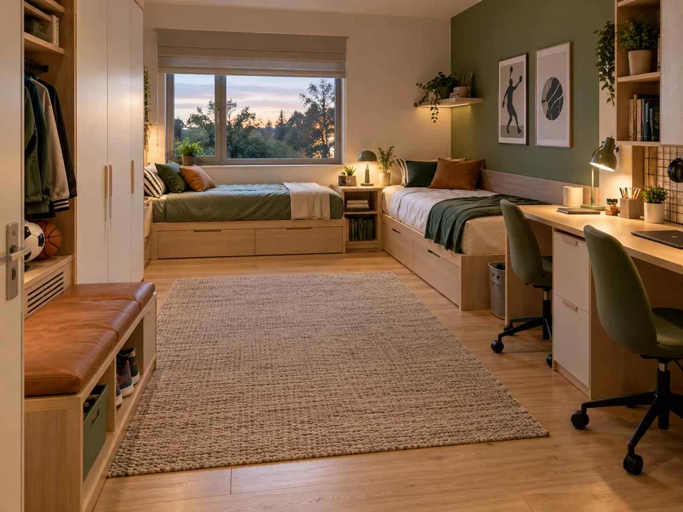 AI concept of a shared bedroom with two sleeping areas and study furniture, with green accents and sports-themed wall displays