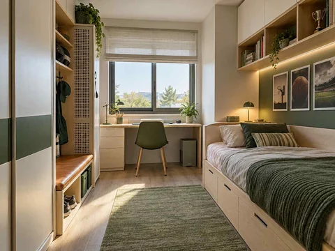 AI concept of a small bedroom with a bed, study furniture and integrated storage, with green accents and sports-themed wall displays