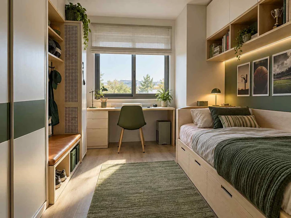 AI concept of a small bedroom with a bed, study furniture and integrated storage, with green accents and sports-themed wall displays