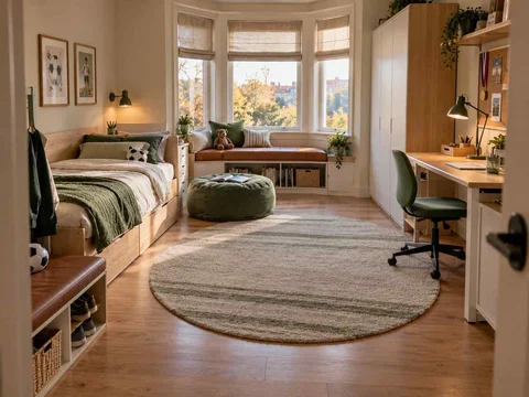 AI concept of a bedroom with a window-side seating area, with green accents and sports-themed wall displays