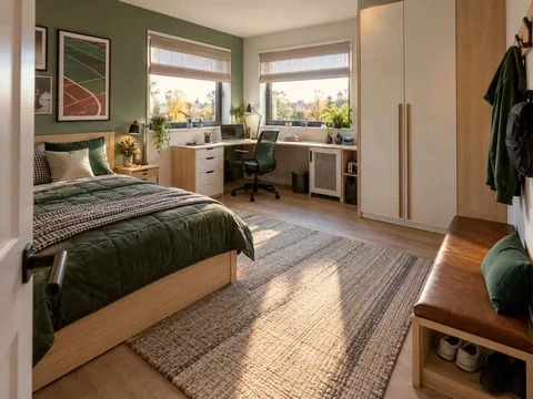 AI concept of a bedroom with a desk positioned near a window, with green accents and sports-themed wall displays
