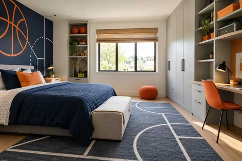 AI concept: sports-line wall graphics, a blue bed and an orange desk chair form a graphic room