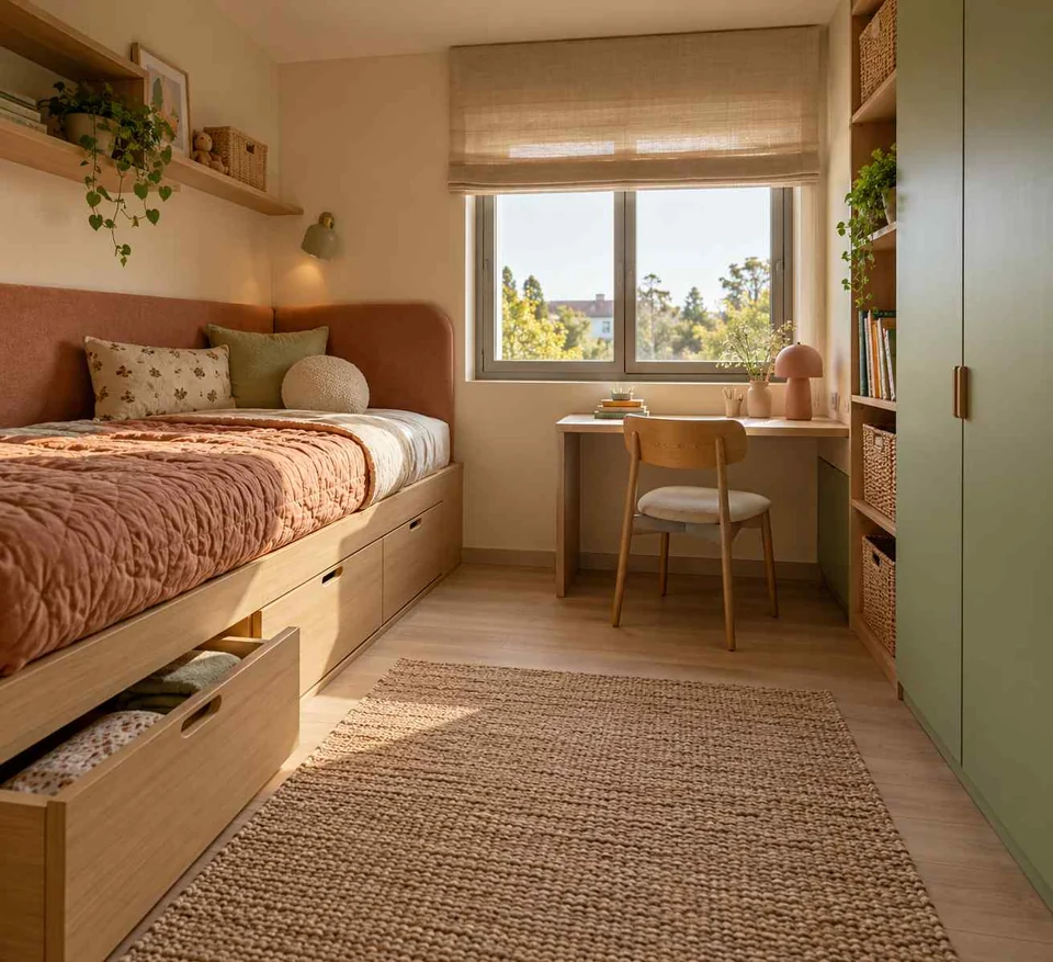 AI concept: a raised timber storage bed with drawers beneath and a desk at the far window