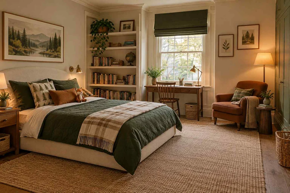 AI concept: a green-quilted bed, bookshelves and an armchair arranged as a reading retreat
