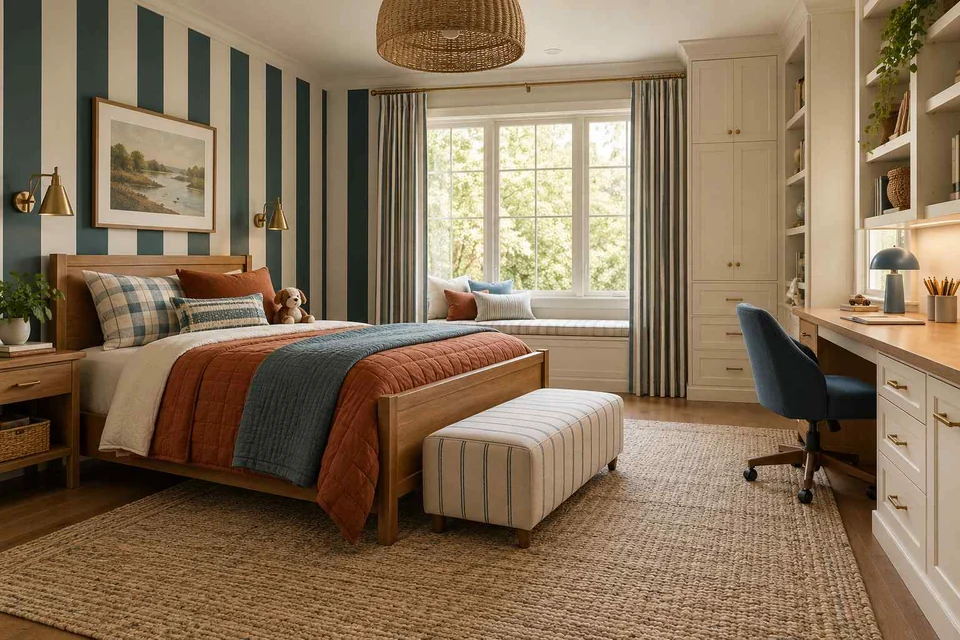 AI concept: a striped feature wall, rust bedding and window seat with a timber worktop