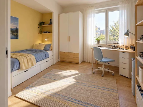 AI concept of a bedroom with a recessed sleeping area and a separate desk, with pale furniture and sunny yellow textiles
