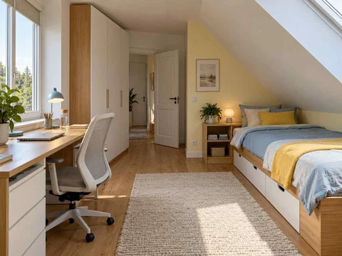 AI concept of a bedroom beneath a sloping ceiling with a bed and desk, with pale furniture and sunny yellow textiles