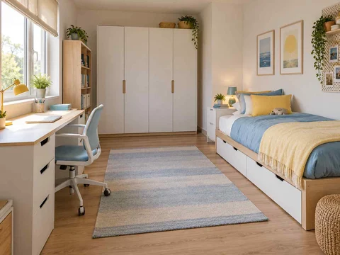 AI concept of a bedroom arranged with a bed, desk and storage furniture, with pale furniture and sunny yellow textiles