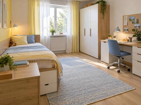 AI concept of sleeping and homework areas within the same room, with pale furniture and sunny yellow textiles