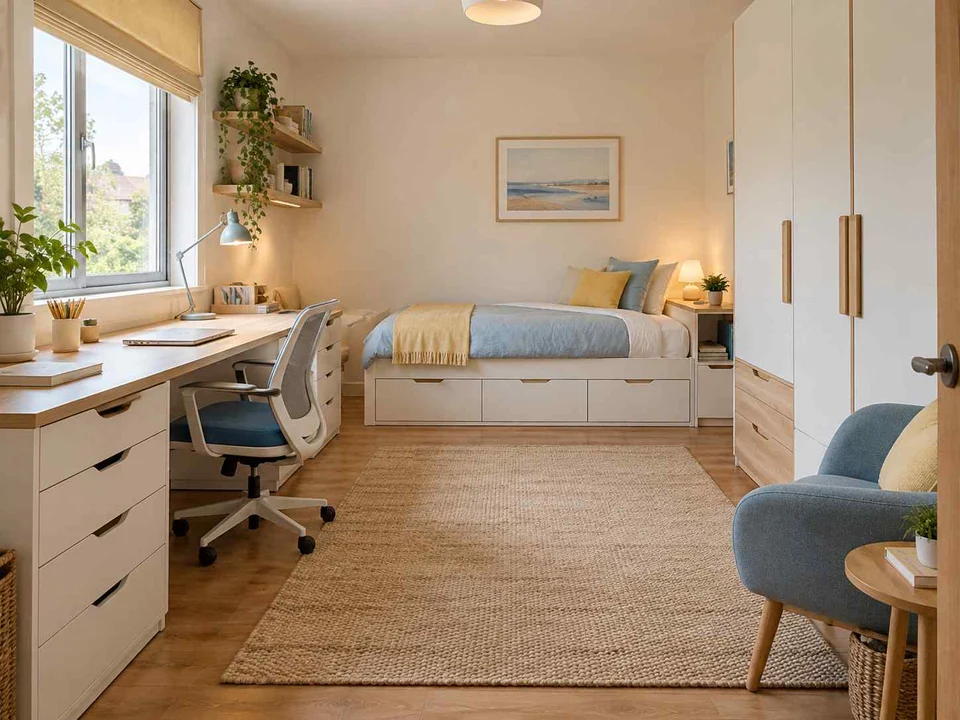 AI concept of a bedroom with desk space, task lighting and nearby storage, with pale furniture and sunny yellow textiles