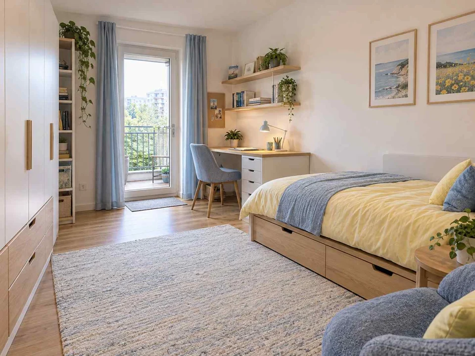 AI concept of a bedroom opening towards full-height glazed doors, with pale furniture and sunny yellow textiles