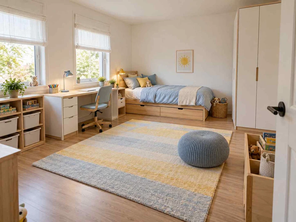 AI concept of a bedroom with a central rug and open floor space for play, with pale furniture and sunny yellow textiles