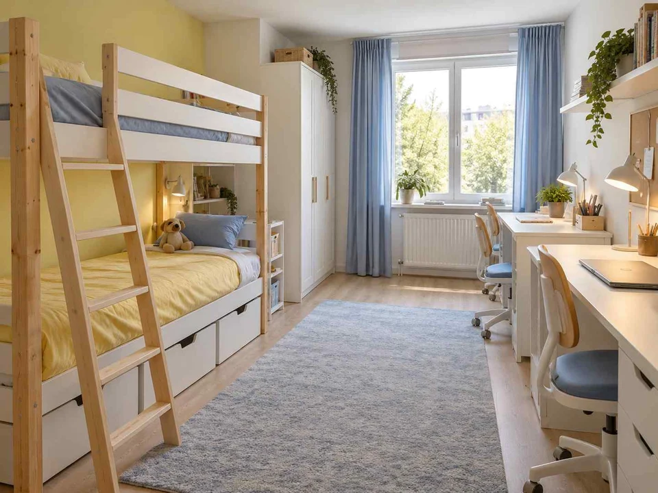 AI concept of bunk beds alongside study furniture and storage, with pale furniture and sunny yellow textiles
