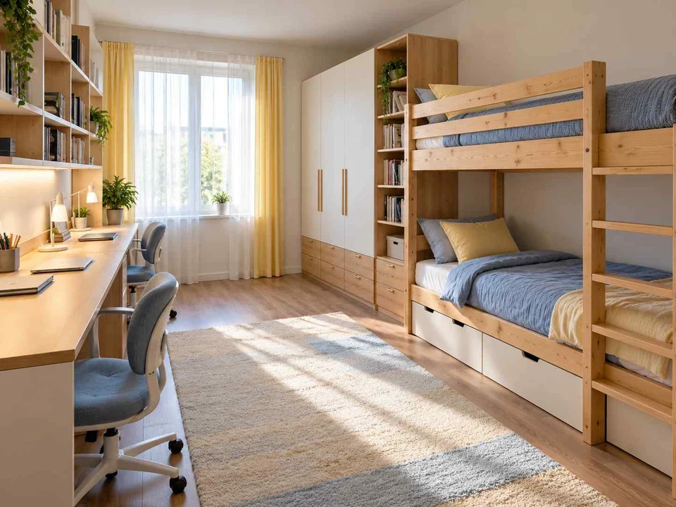 AI concept of bunk beds paired with bookshelves and study space, with pale furniture and sunny yellow textiles