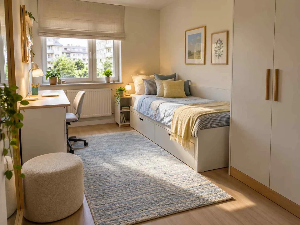 AI concept of a compact bedroom combining a bed, desk and storage, with pale furniture and sunny yellow textiles