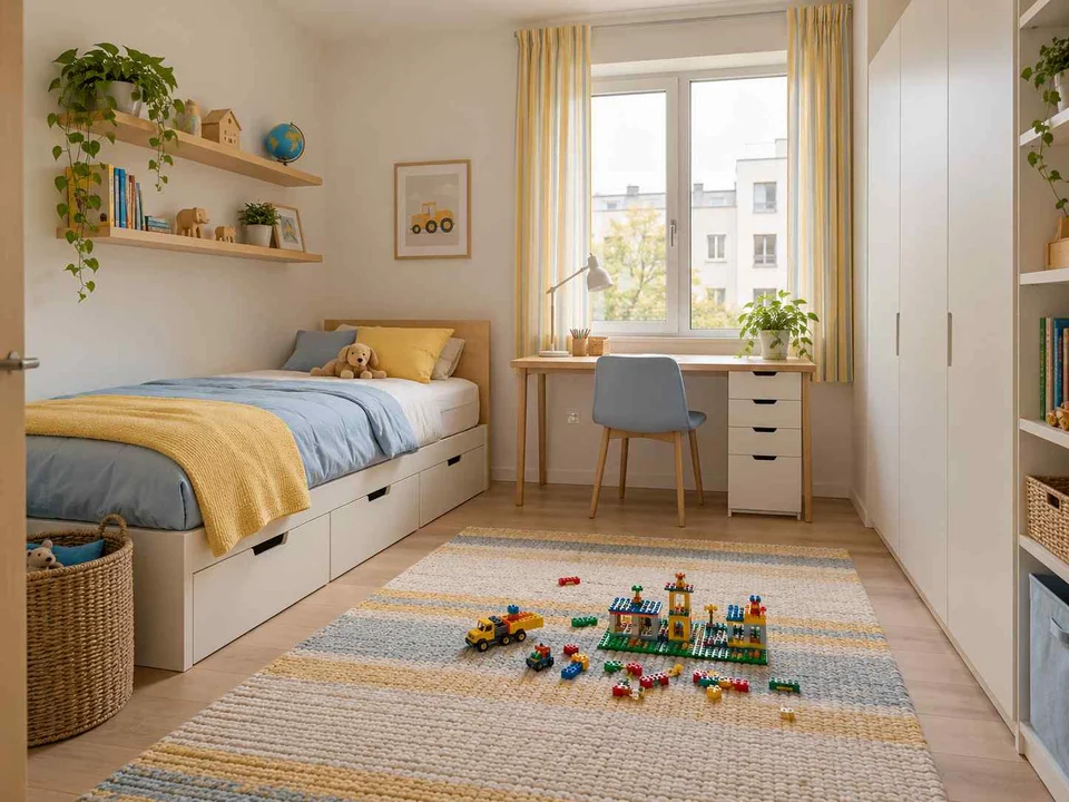 AI concept of a daylit bedroom with space for floor play, with pale furniture and sunny yellow textiles
