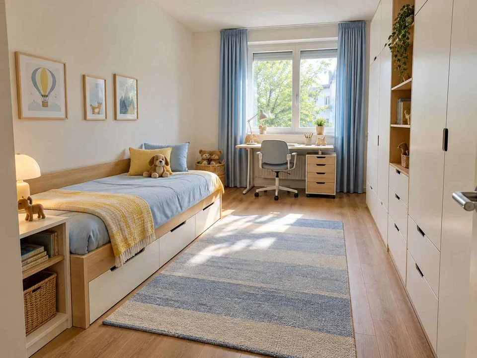 AI concept of a bedroom with a bed, study desk and open central floor space, with pale furniture and sunny yellow textiles