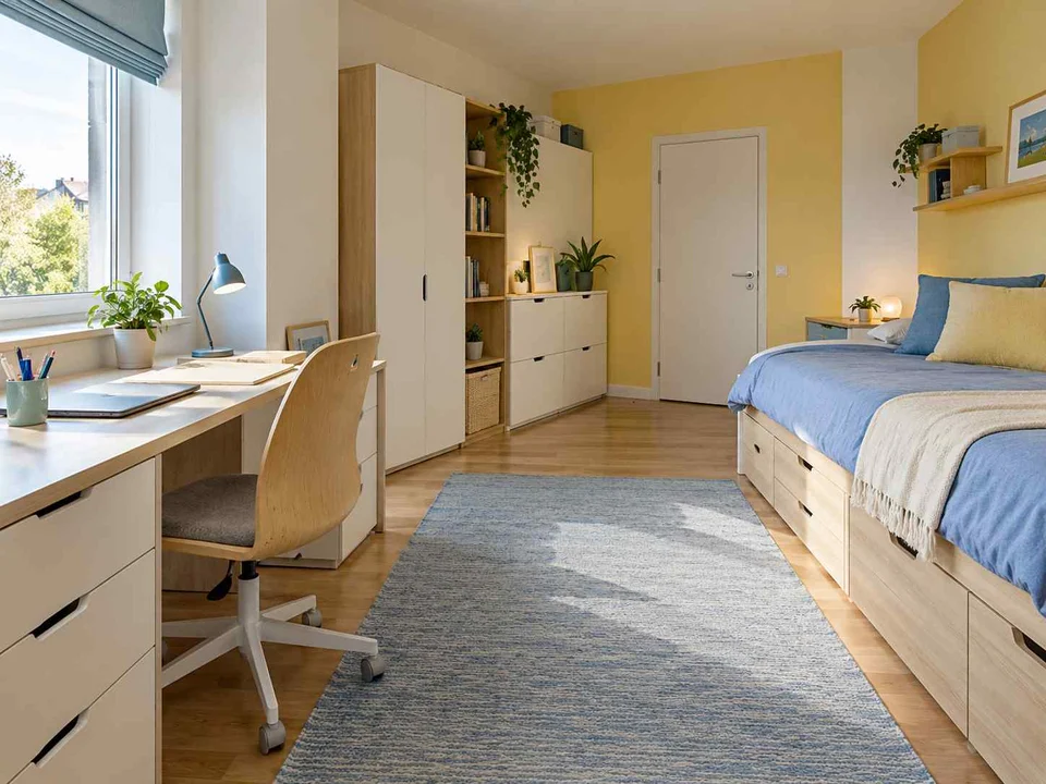 AI concept of a bedroom combining low storage with taller cabinetry or shelving, with pale furniture and sunny yellow textiles