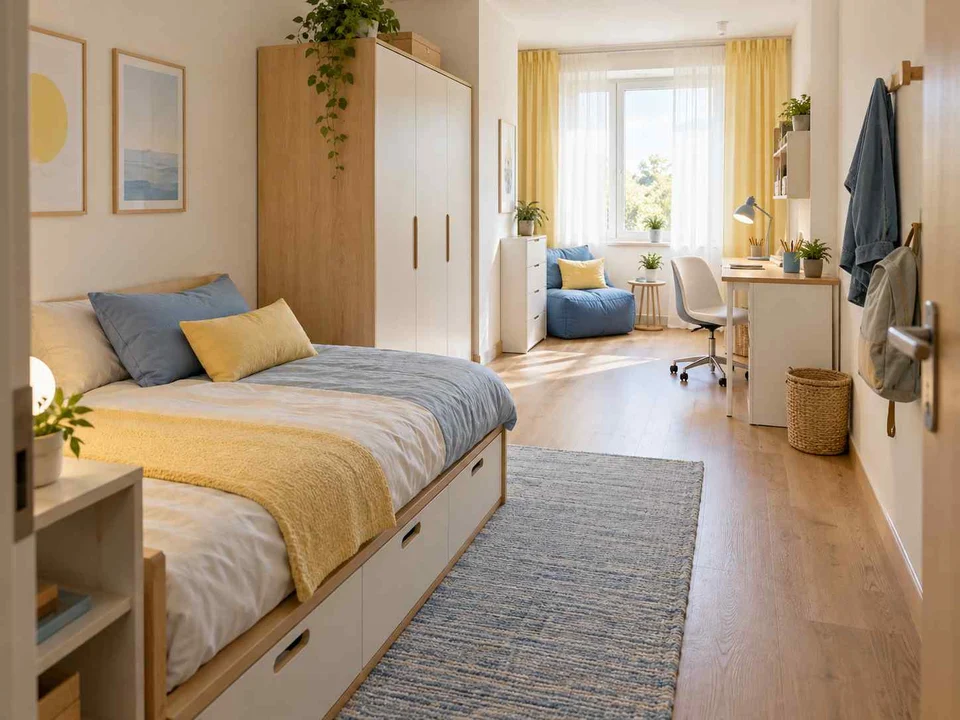 AI concept of a long bedroom with sleeping and study areas arranged along its length, with pale furniture and sunny yellow textiles