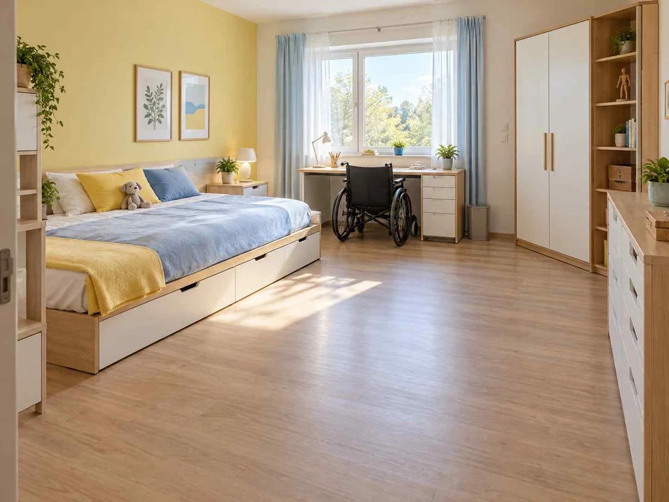 AI concept of a bedroom with an open central floor area and furniture arranged around its edges, with pale furniture and sunny yellow textiles