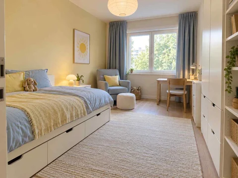AI concept of a bedroom arranged around sleep, storage and a small sitting area, with pale furniture and sunny yellow textiles