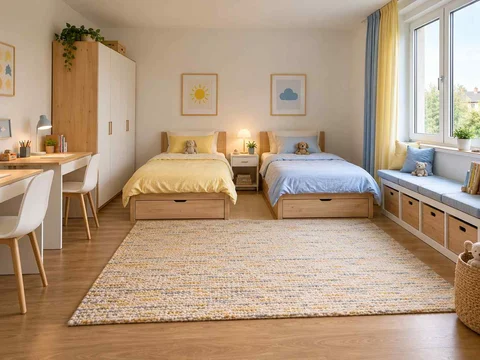 AI concept of a shared bedroom with twin sleeping areas and daylight from the window side, with pale furniture and sunny yellow textiles