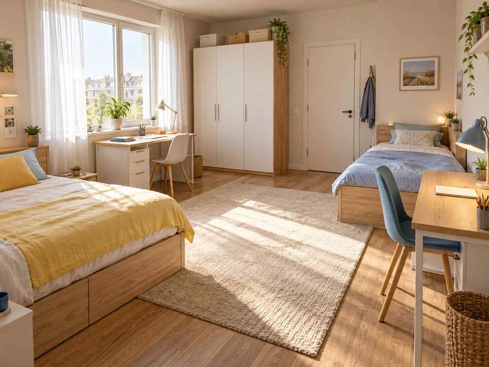 AI concept of a shared bedroom with two sleeping areas and desk space, with pale furniture and sunny yellow textiles