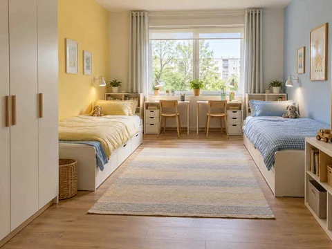 AI concept of two beds arranged around a shared central floor area, with pale furniture and sunny yellow textiles
