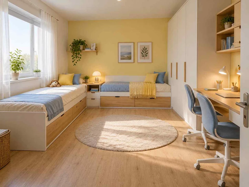 AI concept of a shared bedroom with two sleeping areas and study furniture, with pale furniture and sunny yellow textiles