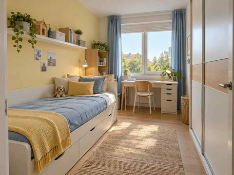 AI concept of a small bedroom with a bed, study furniture and integrated storage, with pale furniture and sunny yellow textiles
