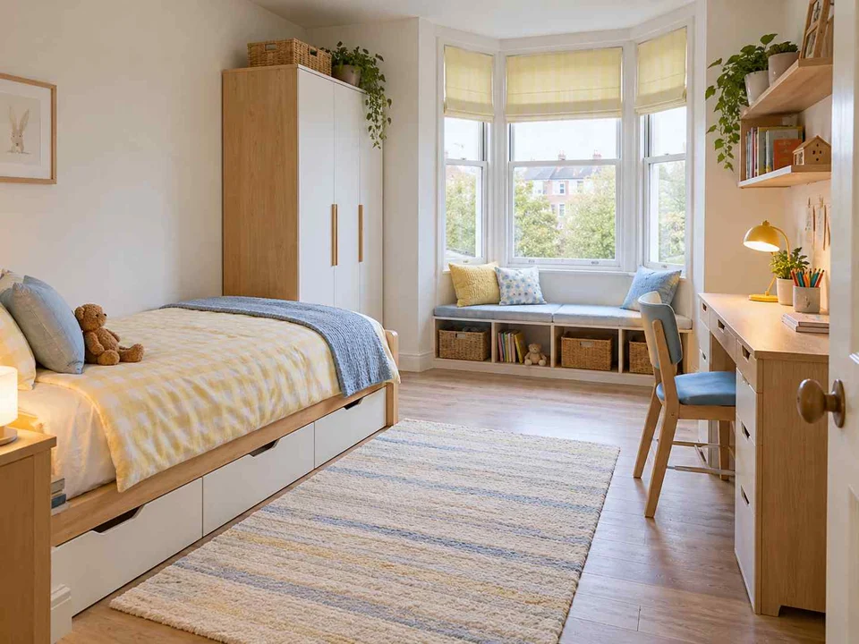 AI concept of a bedroom with a window-side seating area, with pale furniture and sunny yellow textiles