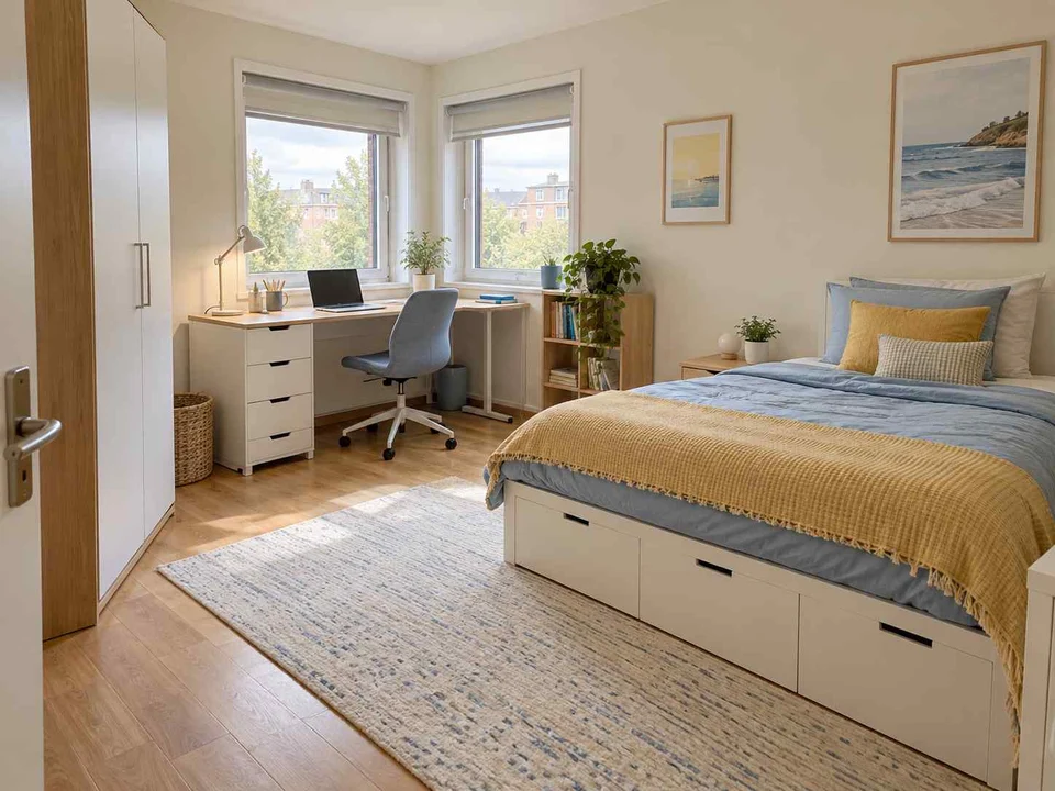 AI concept of a bedroom with a desk positioned near a window, with pale furniture and sunny yellow textiles