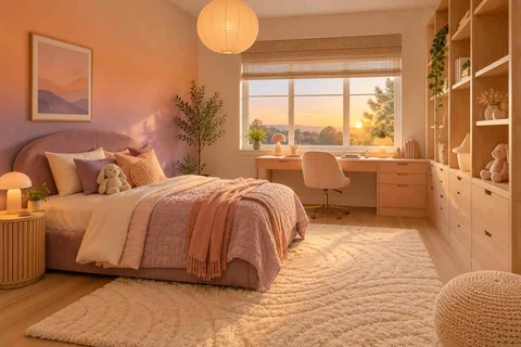 AI concept: a peach bedroom with pink bedding and a warm gradient wall near a window desk