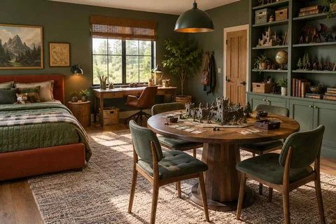 AI concept: a tabletop game and model scene sit on a round table beside green sleeping and storage areas
