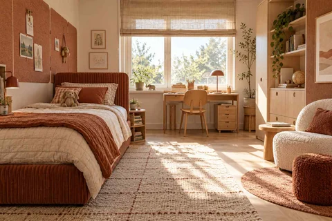AI concept: textured terracotta bedding, a woven rug and soft seating create a tactile bedroom