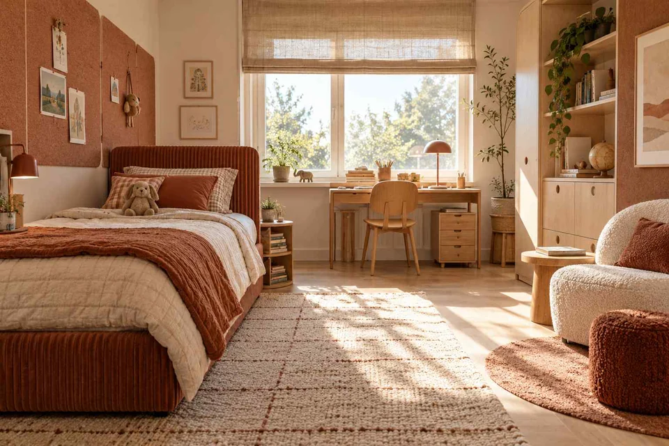 AI concept: textured terracotta bedding, a woven rug and soft seating create a tactile bedroom