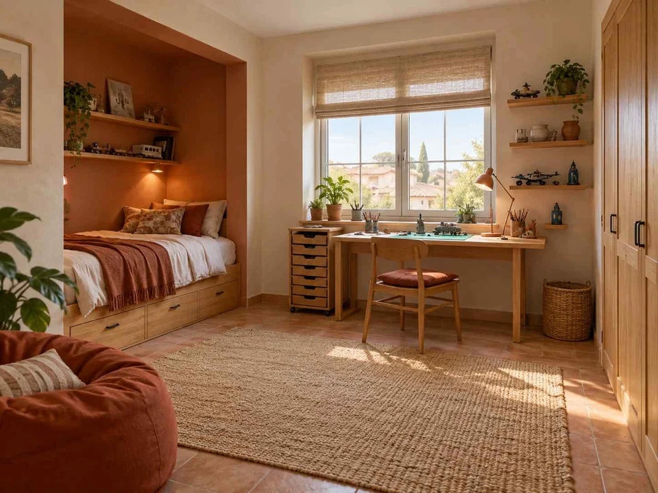 AI concept of a bedroom with a recessed sleeping area and a separate desk, with terracotta accents and warm wood finishes