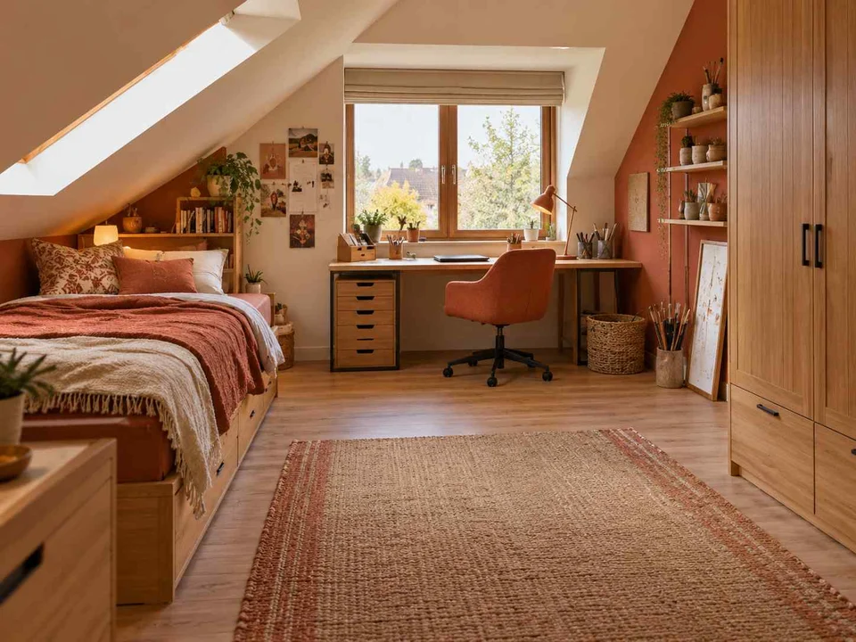 AI concept of a bedroom beneath a sloping ceiling with a bed and desk, with terracotta accents and warm wood finishes