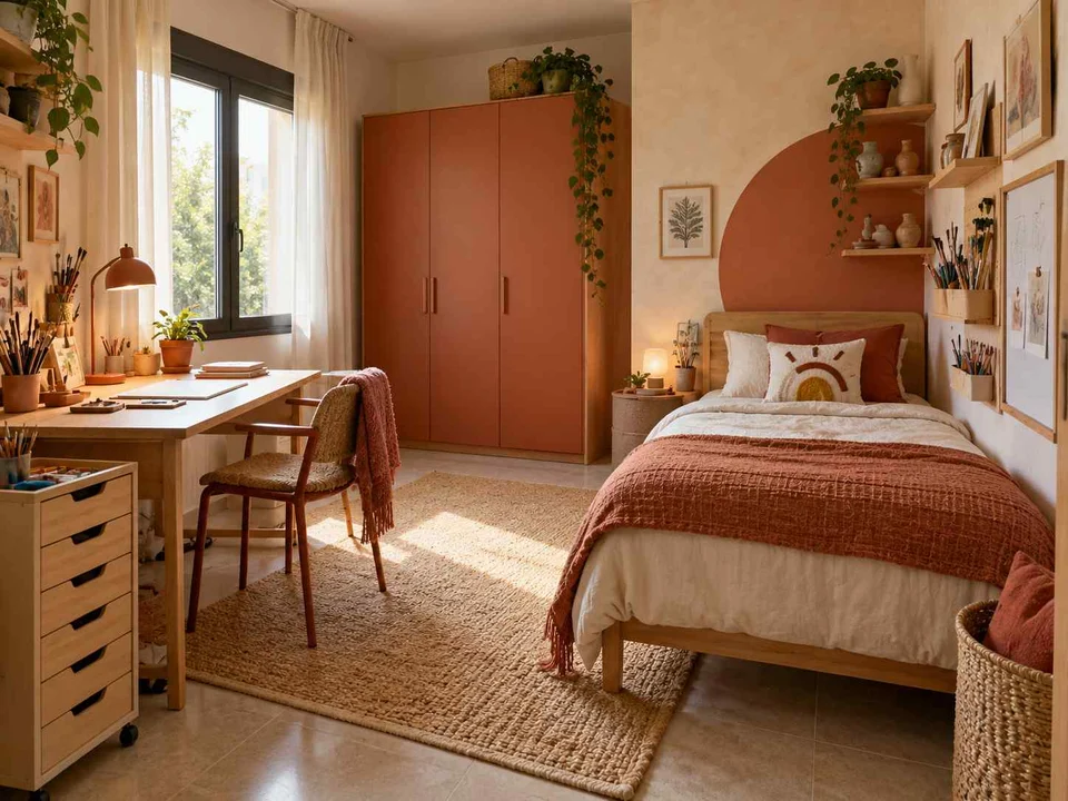 AI concept of a bedroom arranged with a bed, desk and storage furniture, with terracotta accents and warm wood finishes